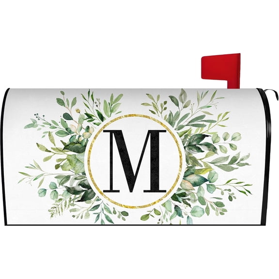 Spring Eucalyptus Leaves Monogram Letter M Mailbox Cover Magnetic 21x18 Inch, Family Last Name Initial Post Letter Box Covers, Spring Summer Seasonal Outdoor Yard Garden Standard Mailbox Decor