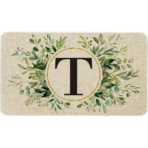 Spring Eucalyptus Leaves Monogram Letter T Door Mat 30 X 17 Inch Family Last Name Initial Welcome Doormat Indoor Outdoor Entrance Floor Rug Non Slip Spring Summer Decor Rubber Mats