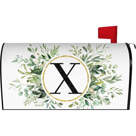 Spring Eucalyptus Leaves Monogram Letter X Mailbox Cover Magnetic 25.5x21 Inch, Family Last Name Initial Post Letter Box Covers, Spring Summer Seasonal Outdoor Yard Garden Oversized Mailbox Decor