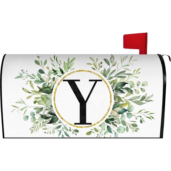 Spring Eucalyptus Leaves Monogram Letter Y Mailbox Cover Magnetic 21x18 Inch, Family Last Name Initial Post Letter Box Covers, Spring Summer Seasonal Outdoor Yard Garden Standard Mailbox Decor