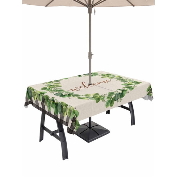 Spring Eucalyptus Leaves Outdoor Tablecloth - 52x70 Inch Rectangle Dining Table Cover, Farmhouse Botanical Burlap Paid Waterproof Outdoor Table Cloth with Umbrella Hole & Zipper for Picnic/Patio