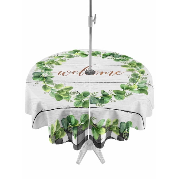 Spring Eucalyptus Leaves Outdoor Tablecloth - 60 Inch Round Dining Table Cover, Farmhouse Botanical Gray Wood Waterproof Outdoor Table Cloth with Umbrella Hole & Zipper for Picnic/Patio/Party