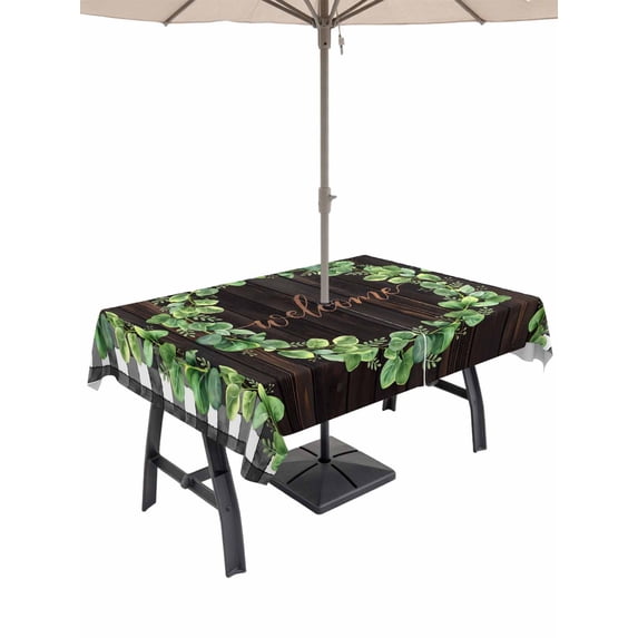 Spring Eucalyptus Leaves Outdoor Tablecloth - 60x102 Inch Rectangle Dining Table Cover, Farmhouse Botanical Brown Wood Waterproof Outdoor Table Cloth with Umbrella Hole & Zipper for Picnic/Patio