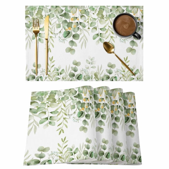 Spring Eucalyptus Leaves Placemats Set of 8, Green Summer Botanical Placemats for Dining Table, Place Mats for Kitchen Tabletop, Waterproof Wipeable Dining Table Mats Set