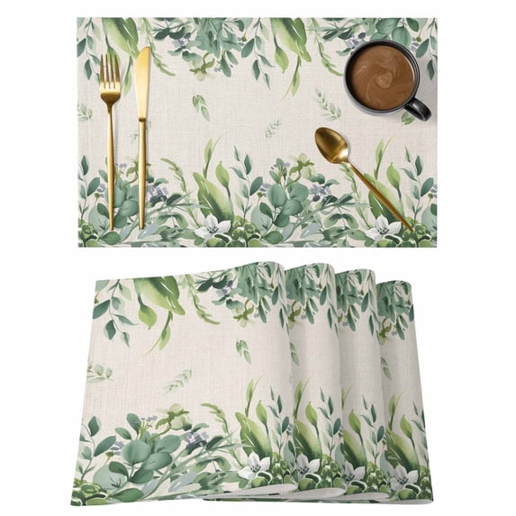 Spring Eucalyptus Leaves Placemats Set of 8, Rustic Plants Botanical Beige Placemats for Dining Table, Place Mats for Kitchen Tabletop, Waterproof Wipeable Dining Table Mats Set