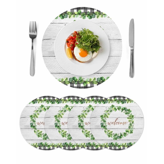Spring Eucalyptus Leaves Round 15 Inch Placemats Set of 4, Farmhouse Botanical Gray Wood HeatResistant Non Slip Place Mats for Dining Table, Wipeable Braided Kitchen Table Mats for Housewarming