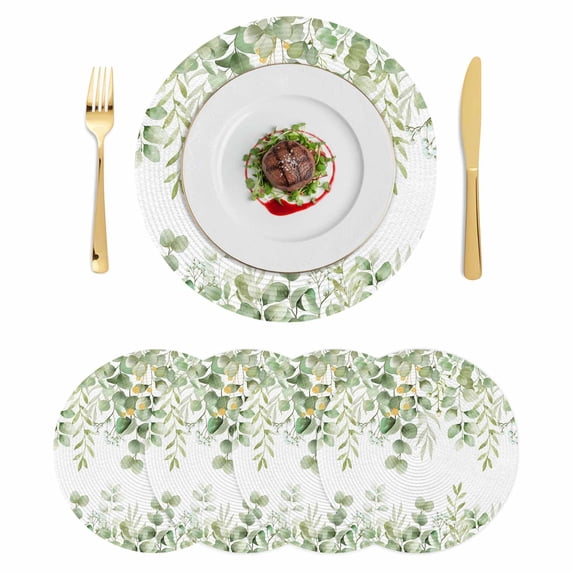 Spring Eucalyptus Leaves Round 15 Inch Placemats Set of 4, Green Summer Botanical HeatResistant Non Slip Place Mats for Dining Table, Wipeable Braided Kitchen Table Mats for Housewarming
