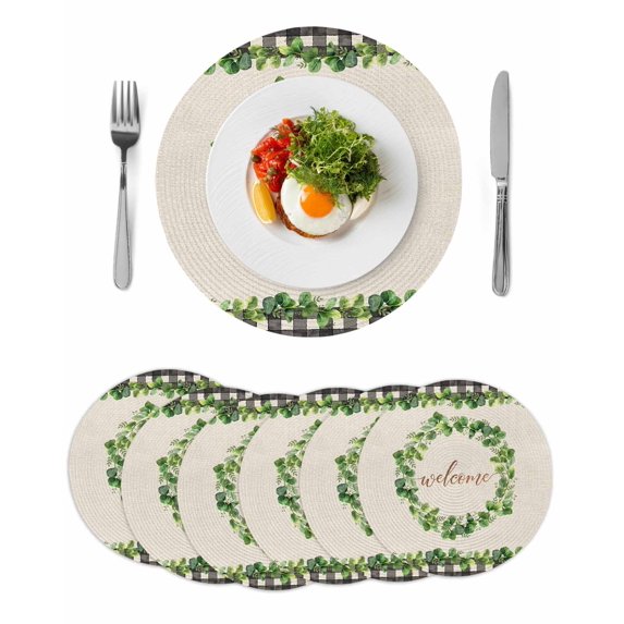 Spring Eucalyptus Leaves Round 15 Inch Placemats Set of 6, Farmhouse Botanical Burlap Paid HeatResistant Non Slip Place Mats for Dining Table, Wipeable Braided Kitchen Table Mats for Housewarming
