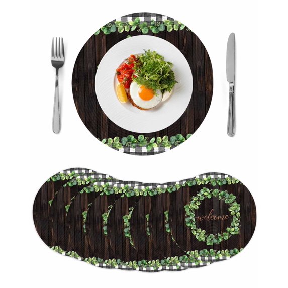 Spring Eucalyptus Leaves Round 15 Inch Placemats Set of 8, Farmhouse Botanical Brown Wood HeatResistant Non Slip Place Mats for Dining Table, Wipeable Braided Kitchen Table Mats for Housewarming