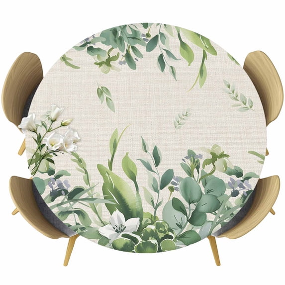 Spring Eucalyptus Leaves Round Tablecloth, Fitted Table Cover with Elastic for 55"-60" Round Tables, Rustic Plants Botanical Beige Table Cloth Outdoor Indoor Dinning Party Waterproof Tablecloths