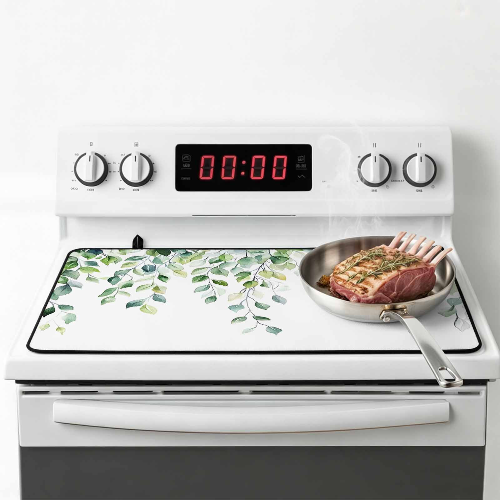 Spring Eucalyptus Leaves Stove Top Cover for Electric Stove, Heat-proof & Non Slip Glass Top Stove Cover Protector, Botanical Summer Kitchen Flat Cooktop Rubber Mat 24x21 Inches