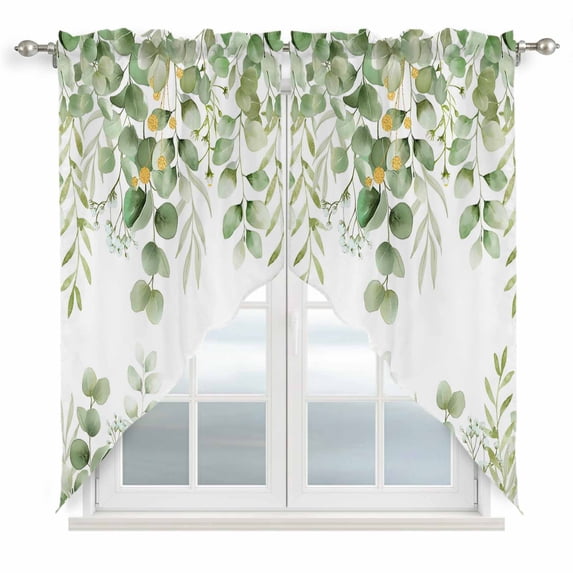 Spring Eucalyptus Leaves Swag Valances for Windows 2 Pack, Kitchen Window Curtains 36 Inch Length, Green Summer Botanical Privacy Swag Curtains for Living Room/Bathroom with Rod Pocket 36"x36"