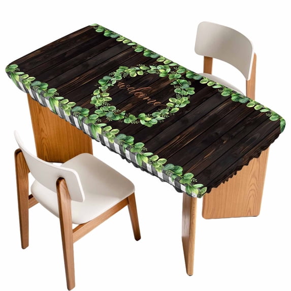 Spring Eucalyptus Leaves Table Cloths for 4 Foot Rectangle Tables, Farmhouse Botanical Brown Wood Patio Waterproof Elastic Fitted Tablecloths, Washable Rectangular Table Cover for Camping