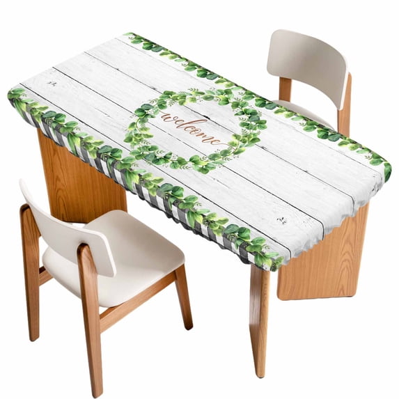 Spring Eucalyptus Leaves Table Cloths for 5 Foot Rectangle Tables, Farmhouse Botanical Gray Wood Patio Waterproof Elastic Fitted Tablecloths, Washable Rectangular Table Cover for Camping