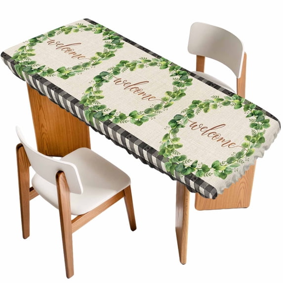 Spring Eucalyptus Leaves Table Cloths for 8 Foot Rectangle Tables, Farmhouse Botanical Burlap Paid Patio Waterproof Elastic Fitted Tablecloths, Washable Rectangular Table Cover for Camping