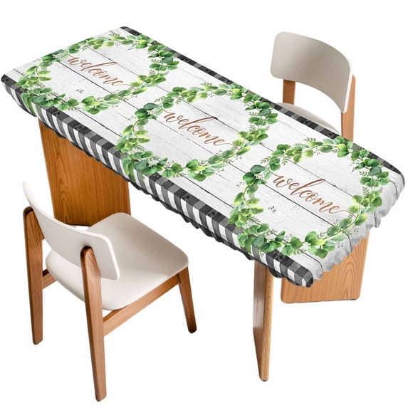 Spring Eucalyptus Leaves Table Cloths for 8 Foot Rectangle Tables, Farmhouse Botanical Gray Wood Patio Waterproof Elastic Fitted Tablecloths, Washable Rectangular Table Cover for Camping