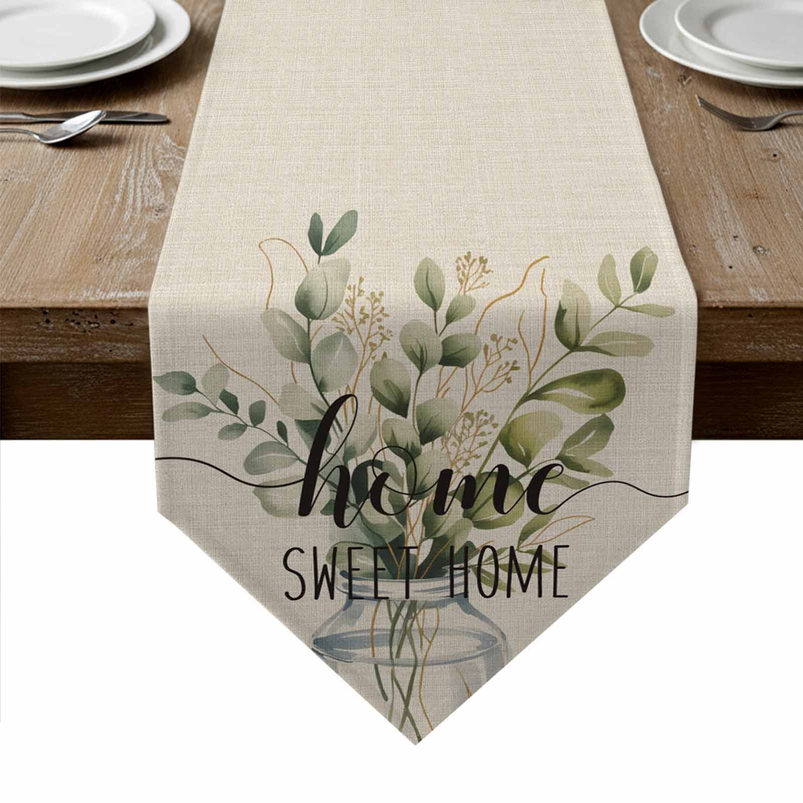 Spring Eucalyptus Leaves Table Runner Linen Burlap Table Runner 72 Inches Long Farmhouse Vintage Botanical Dresser Scarves for Kitchen Island Coffee Dining Room Party Wedding Holiday Decor 16"x72"