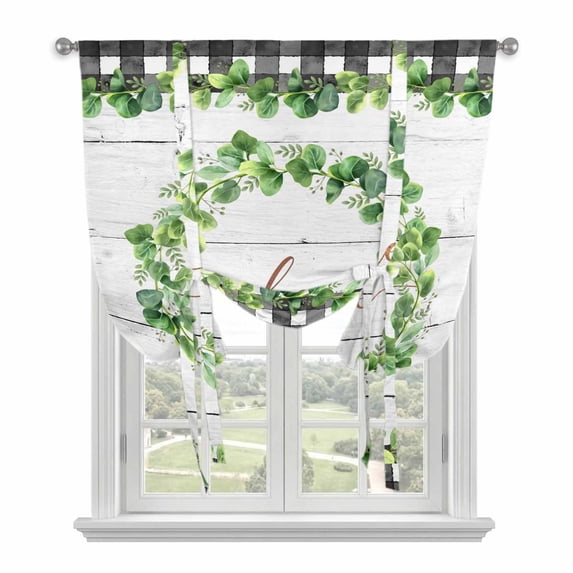 Spring Eucalyptus Leaves Tie Up Curtains for Windows, Adjustable Balloon Window Shades, Farmhouse Botanical Gray Wood Kitchen Window Treatments Adjustable Roll Up Curtain for Basement/Nursery 52"x45"