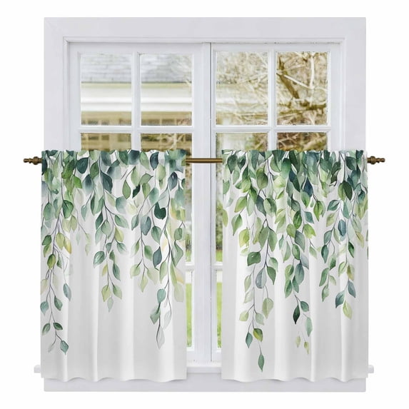 Spring Eucalyptus Leaves Tier Curtains, Botanical Summer Light Filtering Kitchen Curtains, 2Pcs Rod Pocket Half Window Treatments Panels for Sink Cafe Cabinet Basement 27.5x45 Inches