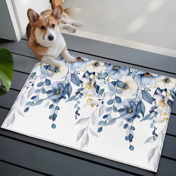 Spring Eucalyptus Leaves Washable Entry Rug 2x3 Bohemian Watercolor Blue Leaf White Daisy Low Pile Indoor Door Mat with Rubber Backing Thin Area Rug for for Entrance, Bedroom, Kitchen, Bathroom