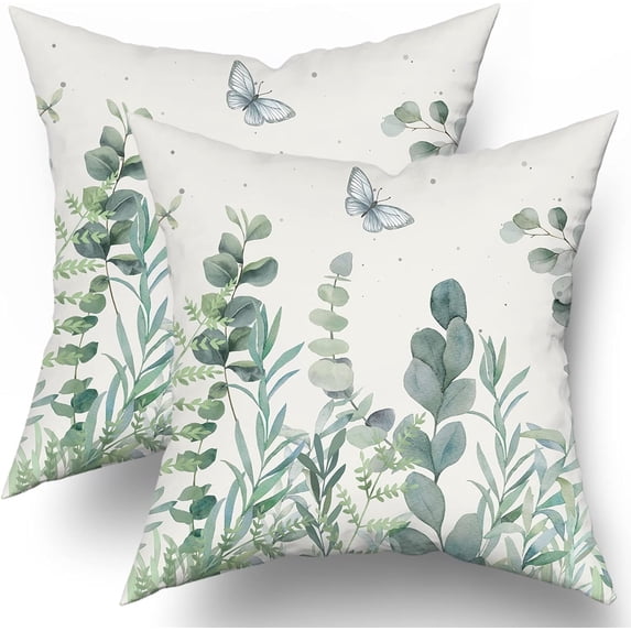 Spring Eucalyptus LeavesThrow Pillow Covers 20X20 Inches Set of 2 Sage Green Leaf Butterfly Decorative Pillow Cases Summer Floral Pillow Covers Farmhouse Home Decor for Sofa Couch Bed Living Room