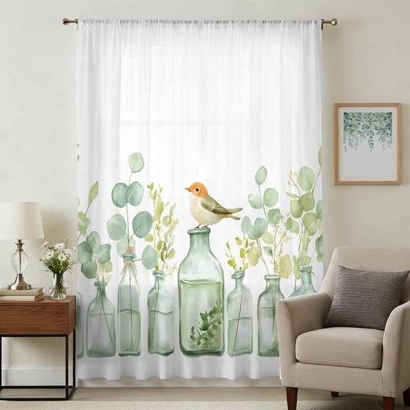 Spring Eucalyptus Sheer Curtains 96 Inches Long, Birds Green Leaf Vase Watercolor Light Filering Curtains, Privacy Drapes Simi Floor to Veiling Curtain for Living Room Bedroom Large Window Treatment