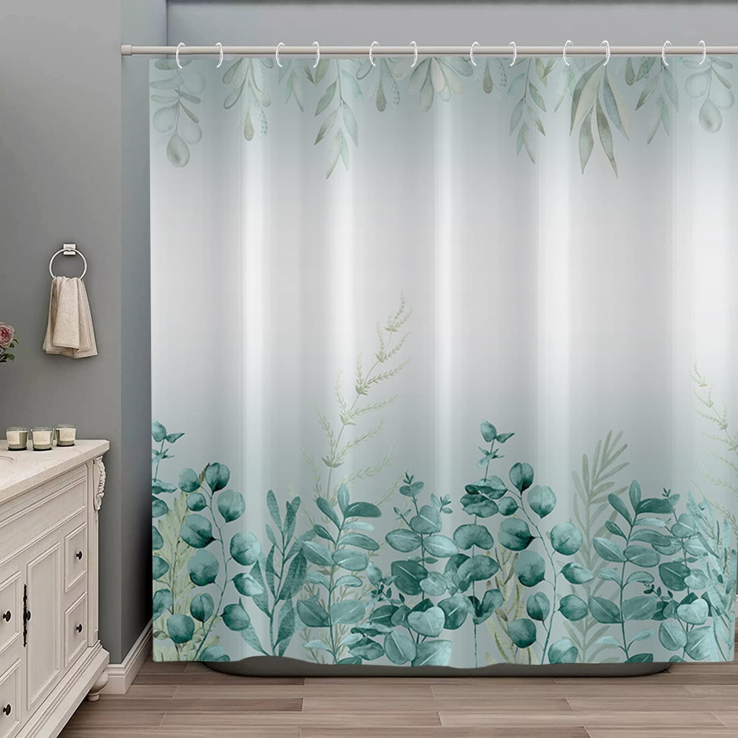 Spring Eucalyptus Shower Curtain, Sage Green Botanical Tropical Leaves