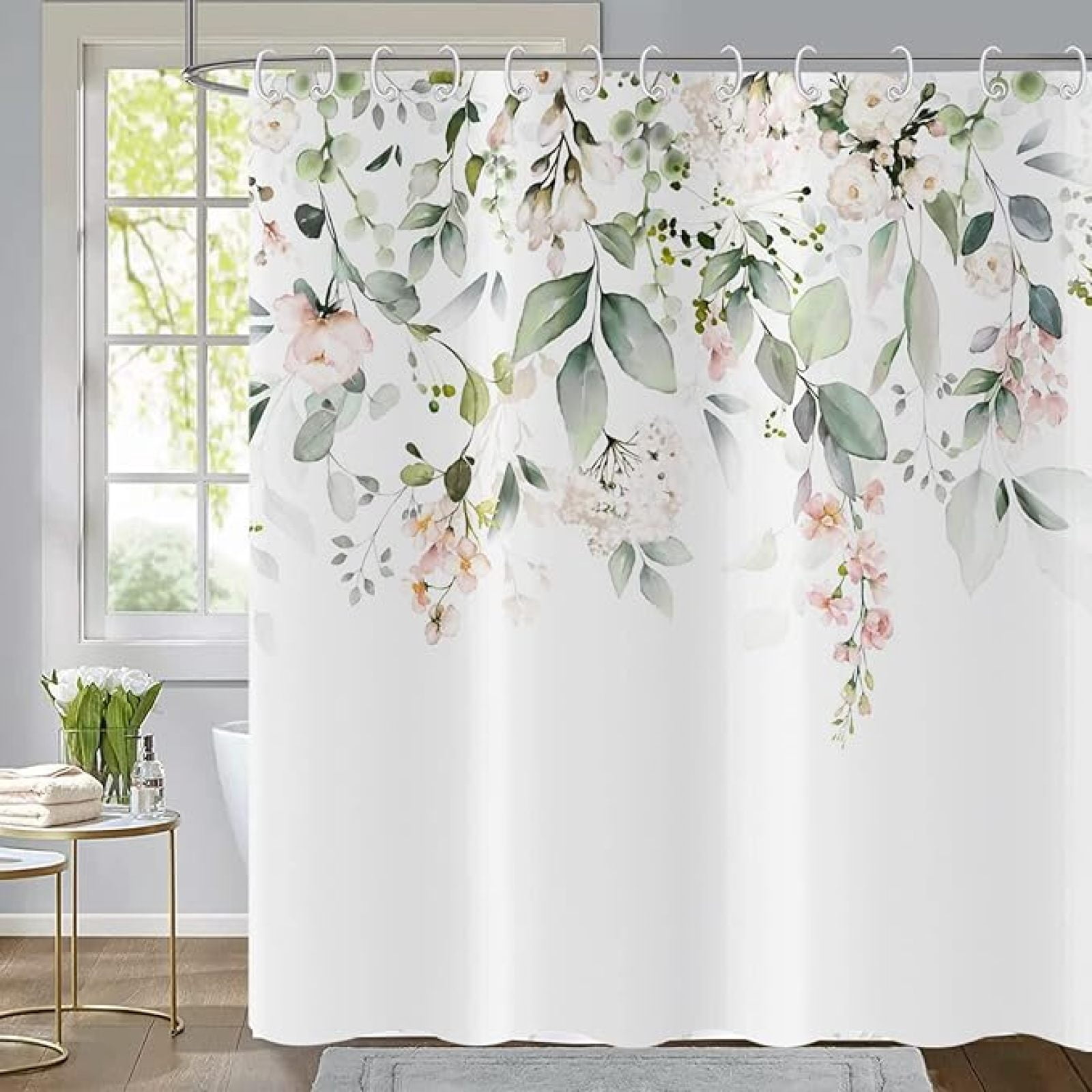 YiarTaan Pink Eucalyptus Shower Curtain - Watercolor Leaf Botanical Print, 72x72 Inches With Hooks - View #3