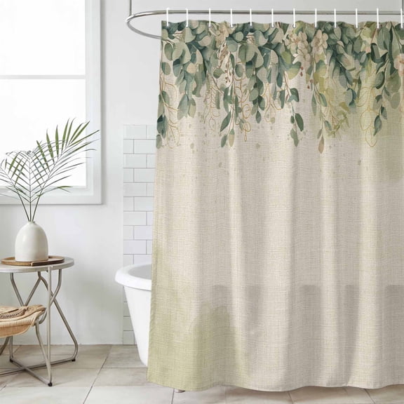 Spring Eucalyptus Small Stall Shower Curtain, Waterproof Shower Curtains for Bathroom, Summer Botanical Leaves Beige Watercolor Washable Fabric Bath Curtain for Bathtub with Hooks 36x72 Inches
