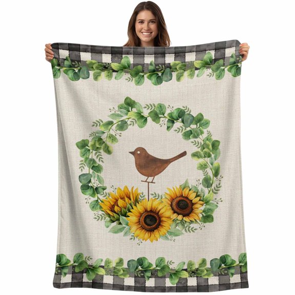 Spring Eucalyptus Sunflower Blanket Soft Cozy Warm Throw Blanket for Couch, Plush Fuzzy Flannel Fleece Blankets for Sofa, Farmhouse Birds Rustic Burlap Bed Blankets Lightweight Gifts for Men, 40"x50"