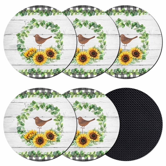 Spring Eucalyptus Sunflower Coasters Set of 6, Absorbent Coasters for Drinks, Farmhouse Birds Gray Wood Coaster for Desk Coffee Table Protection, Home Decor House Warming Gifts 4"