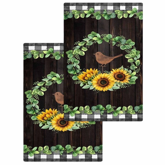 Spring Eucalyptus Sunflower Kitchen Dish Towels for Drying Dishes Set of 2, Farmhouse Birds Brown Wood Waffle Weave Microfiber Hand Tea Bathroom Towels Quick Dry & Absorbent Towel 15.7x23.6