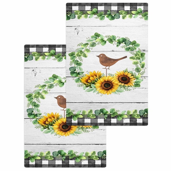 Spring Eucalyptus Sunflower Kitchen Dish Towels for Drying Dishes Set of 2, Farmhouse Birds Gray Wood Waffle Weave Microfiber Hand Tea Bathroom Towels Quick Dry & Absorbent Towel 15.7x23.6