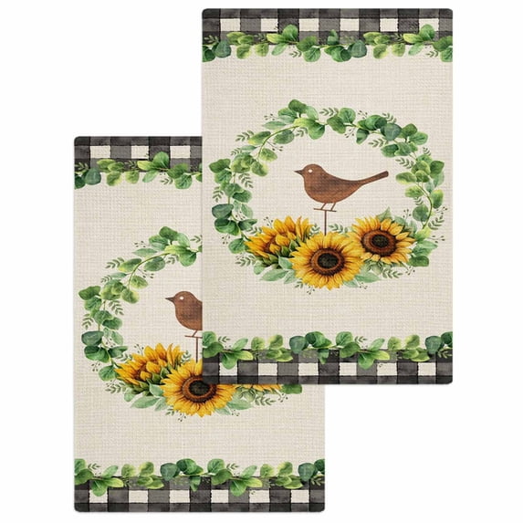 Spring Eucalyptus Sunflower Kitchen Dish Towels for Drying Dishes Set of 2, Farmhouse Birds Rustic Burlap Waffle Weave Microfiber Hand Tea Bathroom Towels Quick Dry & Absorbent Towel 15.7x23.6