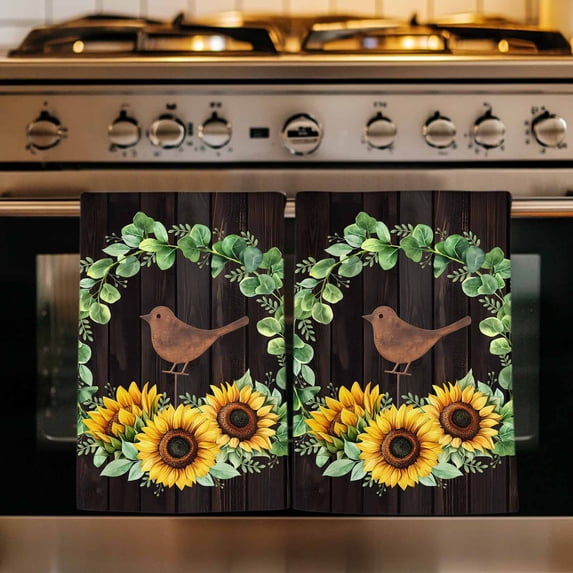 Spring Eucalyptus Sunflower Kitchen Towels Set of 2, Farmhouse Birds Brown Wood Absorbent Dish Towels for Kitchen, Microfiber Hand Towel, Quick Drying Tea Towel for Cleaning Decorative Dishcloths