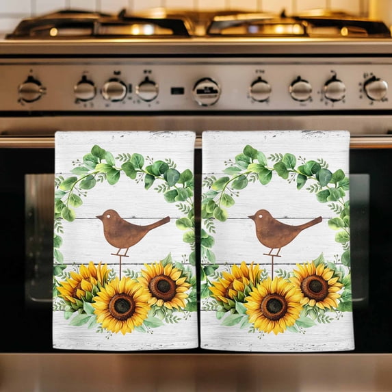 Spring Eucalyptus Sunflower Kitchen Towels Set of 4, Farmhouse Birds Gray Wood Absorbent Dish Towels for Kitchen, Microfiber Hand Towel, Quick Drying Tea Towel for Cleaning Decorative Dishcloths