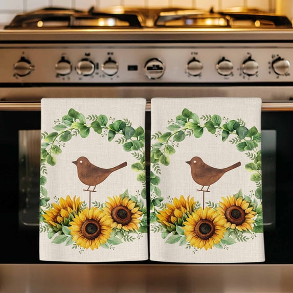 Spring Eucalyptus Sunflower Kitchen Towels Set of 4, Farmhouse Birds Rustic Burlap Absorbent Dish Towels for Kitchen, Microfiber Hand Towel, Quick Drying Tea Towel for Cleaning Decorative Dishcloths