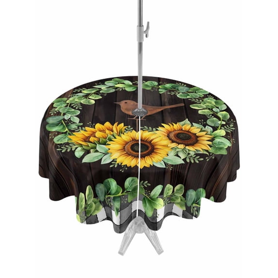 Spring Eucalyptus Sunflower Outdoor Tablecloth - 60 Inch Round Dining Table Cover, Farmhouse Birds Brown Wood Waterproof Outdoor Table Cloth with Umbrella Hole & Zipper for Picnic/Patio/Party
