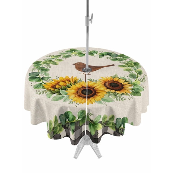 Spring Eucalyptus Sunflower Outdoor Tablecloth - 60 Inch Round Dining Table Cover, Farmhouse Birds Rustic Burlap Waterproof Outdoor Table Cloth with Umbrella Hole & Zipper for Picnic/Patio/Party