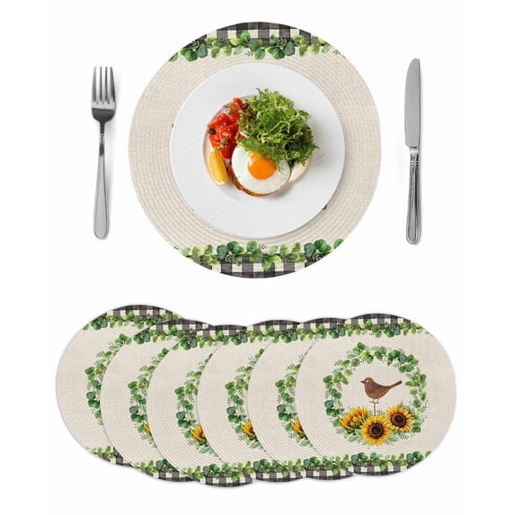 Spring Eucalyptus Sunflower Round 13 Inch Placemats Set of 6, Farmhouse Birds Rustic Burlap HeatResistant Non Slip Place Mats for Dining Table, Wipeable Braided Kitchen Table Mats for Housewarming