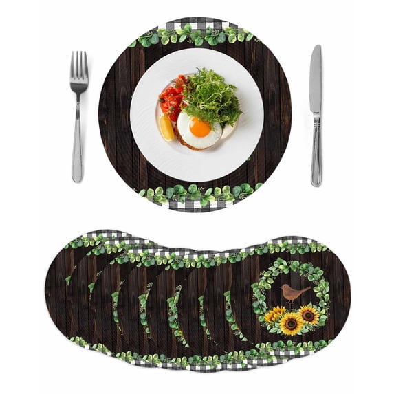Spring Eucalyptus Sunflower Round 13 Inch Placemats Set of 8, Farmhouse Birds Brown Wood HeatResistant Non Slip Place Mats for Dining Table, Wipeable Braided Kitchen Table Mats for Housewarming