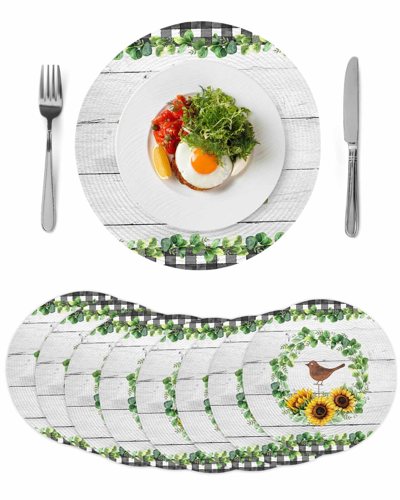 Spring Eucalyptus Sunflower Round 13 Inch Placemats Set of 8, Farmhouse ...