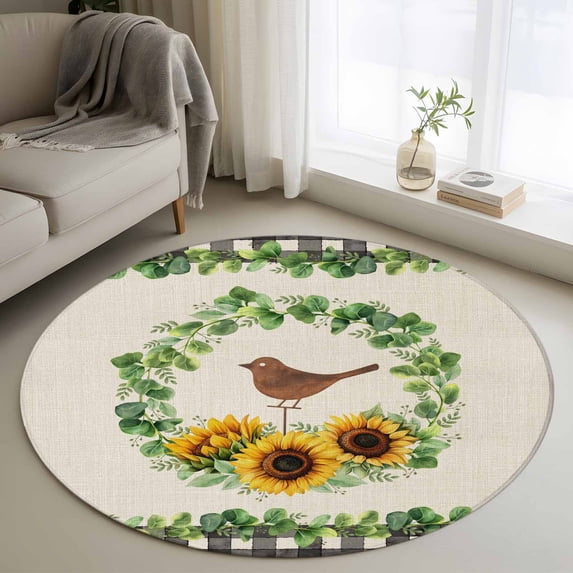 Spring Eucalyptus Sunflower Round Area Rug 3Ft Washable Small Circle Rugs for Kitchen Entryway, Farmhouse Birds Rustic Burlap Non-Slip Carpet Floor Mats Indoor Outdoor Carpet Runner Home Decor