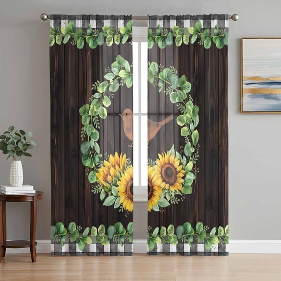 Spring Eucalyptus Sunflower Sheer Curtains 84 Inch Length 2 Panels Set Window Treatments, Farmhouse Birds Brown Wood Rod Pocket Semi Curtains for Living Room/Bedroom/Kitchen Décor, 104"W x 84"L