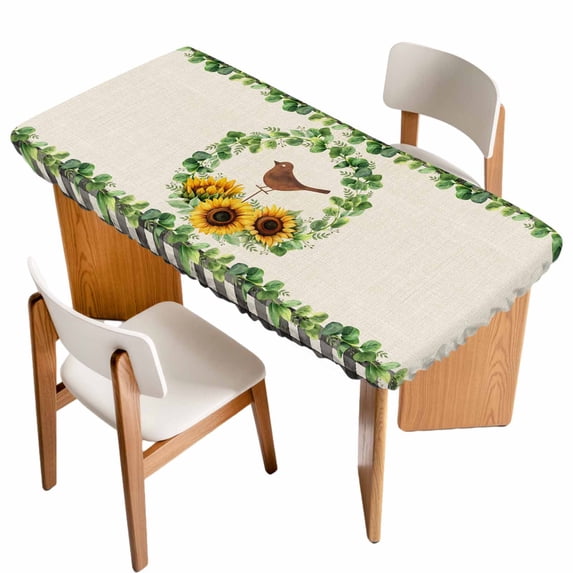 Spring Eucalyptus Sunflower Table Cloths for 4 Foot Rectangle Tables, Farmhouse Birds Rustic Burlap Patio Waterproof Elastic Fitted Tablecloths, Washable Rectangular Table Cover for Camping