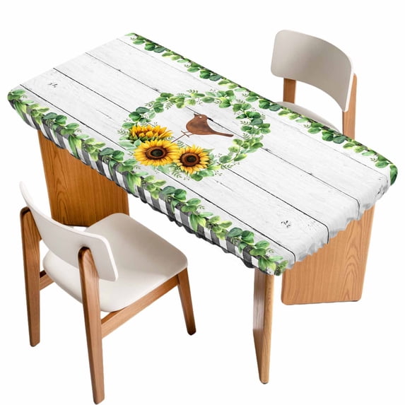 Spring Eucalyptus Sunflower Table Cloths for 5 Foot Rectangle Tables, Farmhouse Birds Gray Wood Patio Waterproof Elastic Fitted Tablecloths, Washable Rectangular Table Cover for Camping
