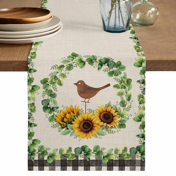 Spring Eucalyptus Sunflower Table Runner 36 Inches, Farmhouse Birds Rustic Burlap Bed Runner Dresser Scarves Tabletop for Indoor Outdoor Parties/Ceremony/Banquet, 13"x 36"