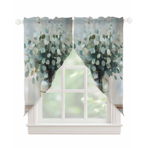 Spring Eucalyptus Swag Valances for Windows, Pastoral Botanical Leaf Retro Rustic Rod Pocket Sheer Valances for Large Windows, Swag Toppers Light Filtering for Kitchen Living Room 2 Panels 36''x63''