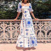 Spring European and American casual off-shoulder printed lantern sleeve slim-fit flared dress
