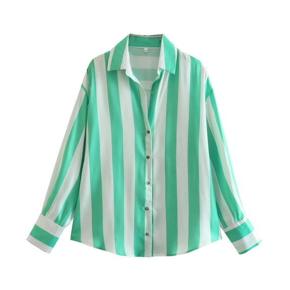 Spring European and American style printed striped silk satin texture drape shirt for women-Green Stripes-S